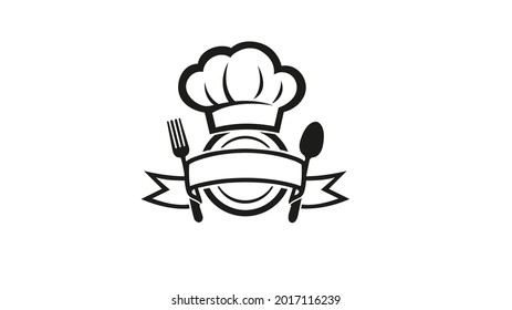 Creative chef hat dish spoon fork logo vector design symbol