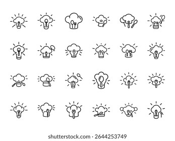 Creative Chef Hat and Light Bulb Icon Set – 25 Hand-Drawn Cooking Idea Illustrations in Minimal Line Art Style on White Background