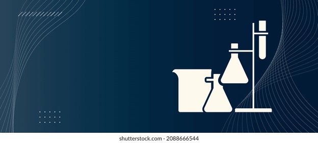 Creative chemistry laboratory with glassware and stand. Abstract lines, concept with flat design and vector . Science banner, subtle color. Simple design for advertise, catalogue and promo