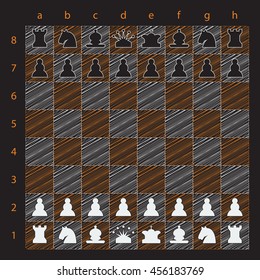 Creative Chess board with chess numbers and chess letters. Chess figures, black and white, vector illustration. Chess board with trendy outline design.