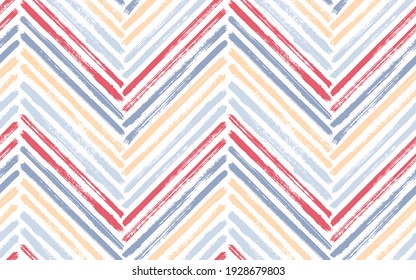 Creative chevron fashion print vector seamless pattern. Paint brush stroke geometric stripes. Hand drawn paint texture zig zag chevron ornament. Horizontal stripes fabric print seamless design.