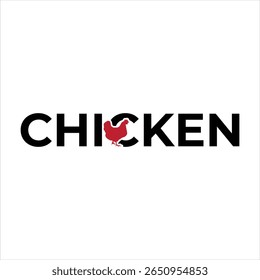 Creative Chicken Logo Design Featuring the Word Chicken and a Silhouette of a Red Hen Standing in Place of the Letter I