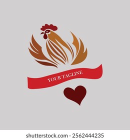 Creative Chicken Logo Design with Red Banner and Heart Element .