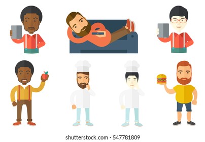 Creative chief-cook pointing finger up. Chief-cook in uniform thinking about the recipe. Chief-cook came up with idea for recipe. Set of vector flat design illustrations isolated on white background.
