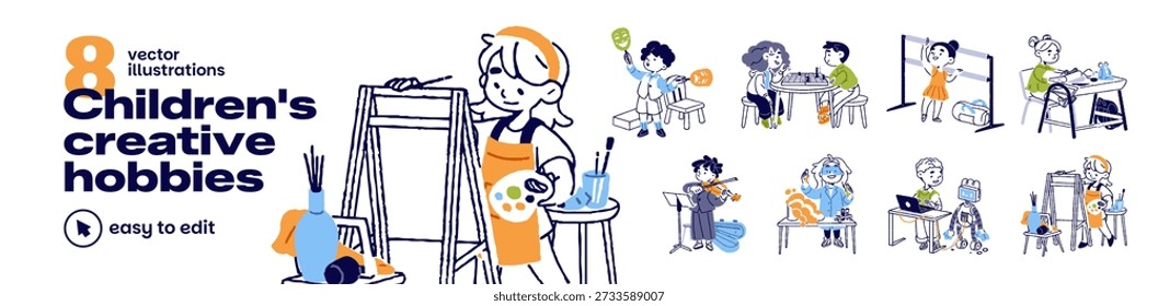 Creative child hobbies set. Children are drawing, dancing, playing chess and music instruments. Kids are interested in art activities, science. Flat isolated outline vector illustrations on white