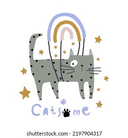 Ilustración infantil creativa con un gato lindo volando en arco iris. Cita de letras atractiva aislada en blanco. Ideal para camisetas, afiches, tarjetas.Ilustración vectorial