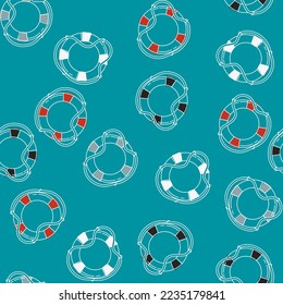 Creative childish nautical vector seamless pattern with lifebuoy on blue background. Sea theme modern childrens fabric design. Hand drawn lifeline in cartoon style.