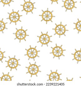 Creative childish nautical vector seamless pattern with steering wheel on white background. Sea navigation modern fabric design. Hand drawn rudders in cartoon style.