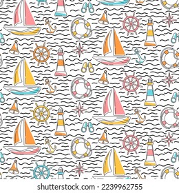 Creative childish nautical vector seamless pattern with marine cartoon elements and waves on white background. Modern nautical childrens textile design.