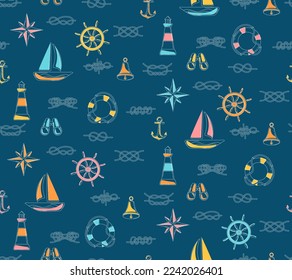 Creative childish nautical vector seamless pattern with marine cartoon elements and knots on blue background. Modern nautical childrens textile design.