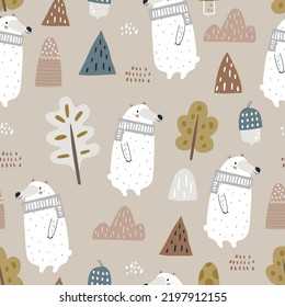 Creative childish pattern with bear in autumn forest. Seamless vector woodland texture. Great for fabric, wallpaper, textile.