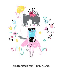 Creative childish pattern with cute cat, gold fish, flowers and slogan . Vector scandinavian patch for fashion apparels, fabric, textile; wrapping and wallpaper.
