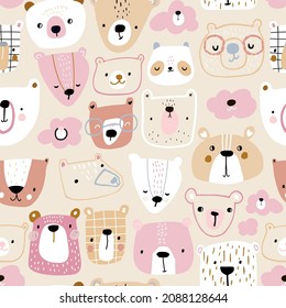 Creative childish pattern with cute colourful pink bears, clouds, pandas. Modern seamless texture for wallpaper, bedding, textile. Vector illustration