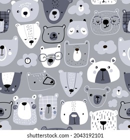 Creative childish pattern with cute different bears, clouds, pandas. Modern seamless texture for wallpaper, bedding, textile. Vector illustration