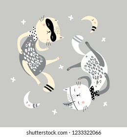 Creative childish pattern with cute kitten and moon. Vector scandinavian patch for fashion apparels, fabric, textile; wrapping and wallpaper.