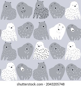 Creative childish pattern with cute monochrome bears. Modern seamless texture for wallpaper, bedding, textile. Vector illustration