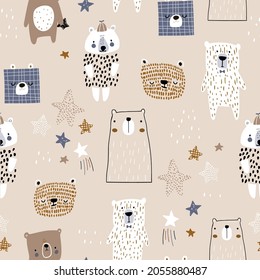 Creative childish pattern with funny bears and stars. Modern seamless texture for wallpaper, bedding, textile. Vector illustration