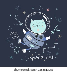 Creative childish pattern with space cat and slogan. Vector scandinavian patch for for fashion apparels, t shirt and printed design.