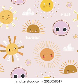 Creative childish pattern with sun, clouds. Vector childish seamless texture for fabric, wallpaper, textile.