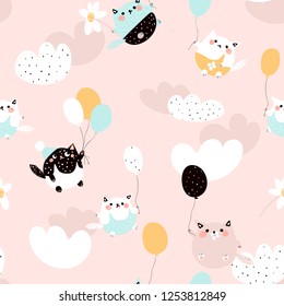 Creative childish seamless pattern with cute kittens, ballons and cloud. Vector scandinavian patch for fashion apparels, fabric, textile; wrapping and wallpaper.