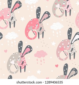 Creative childish seamless pattern with cute elephants . Vector baby design for fashion apparels, fabric, textile; wrapping and wallpaper.