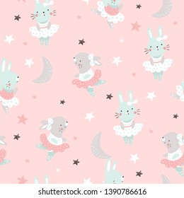 Creative childish seamless pattern with cute rabbits . Vector baby design for fashion apparels, fabric, textile; wrapping and wallpaper.