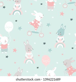 Creative childish seamless pattern with cute rabbits . Vector baby design for fashion apparels, fabric, textile; wrapping and wallpaper.