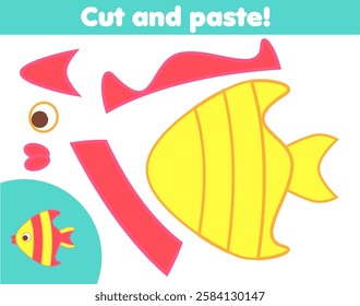 Creative children educational game. cut and paste activity for kids. Make a tropic fish with glue and scissors