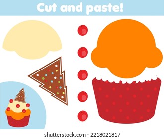 Creative children educational game. Paper cutting activity. Make a New Year, Christmas cupcake with glue and scissors