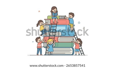 Creative children enjoying learning and exploring knowledge together amongst a giant stack of books