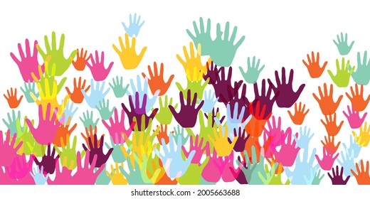 Creative children handprints preschool education concept background design. Kid paint hand prints play and joy concept. Human palm handprints illustration.