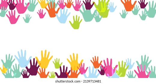 Creative children handprints preschool education concept vector illustration. Kid paint hand prints play and joy concept. Kids group handprint silhouettes.