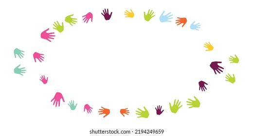 Creative children handprints preschool education concept vector illustration. Kid paint hand prints art therapy background. Human palm handprints illustration.