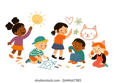 creative children making art with colored crayons. Adorable preschool boys and girls happily sketching with pencils and chalk. Kids drawing on the wall. Flat vector illustration
