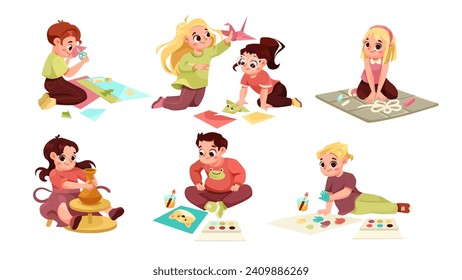 Creative Children on the Floor Engaged in Workshop Activity Vector Set