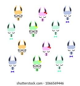 Creative children's texture. Fashionable lama with glasses with a butterfly,