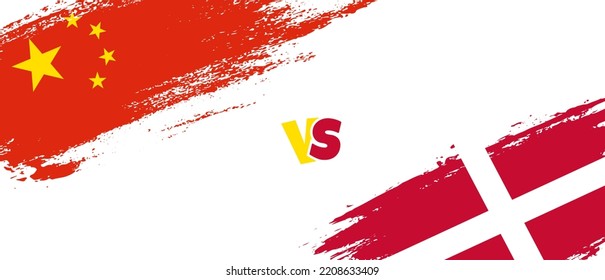 Creative China vs Denmark brush flag illustration. Artistic brush style two country flags relationship background