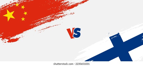 Creative China vs Finland brush flag illustration. Artistic brush style two country flags relationship background