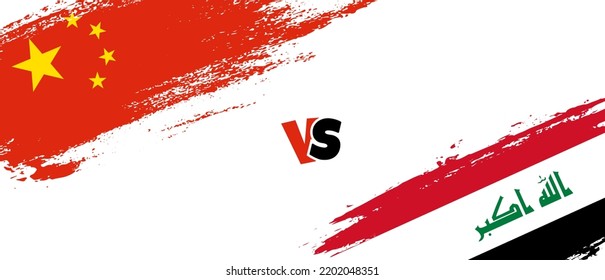 Creative China vs Iraq brush flag illustration. Artistic brush style two country flags relationship background