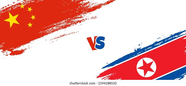 Ilustración de la bandera de China creativa vs Corea del Norte. Estilo de pincel artificial dos indicadores de país fondo de relación