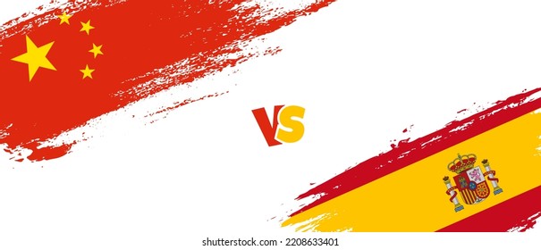 Creative China vs Spain brush flag illustration. Artistic brush style two country flags relationship background