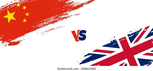 Creative China vs United Kingdom brush flag illustration. Artistic brush style two country flags relationship background
