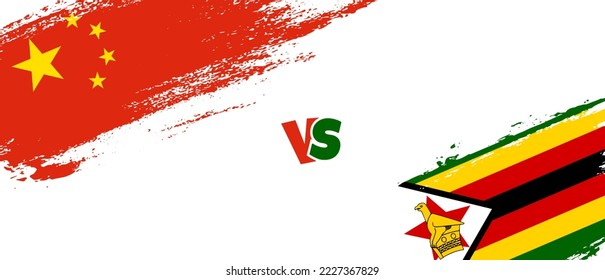 Creative China vs Zimbabwe brush flag illustration. Artistic brush style two country flags relationship background