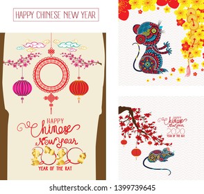 Creative chinese new year banners. Year of the rat. Chinese characters mean Happy New Year