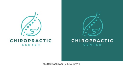 Logo des kreativen Chiropractic Centers. Spine Health Symbol und Hand mit Linear Outline Stil. Design-Vorlage für das Health Care-Logo