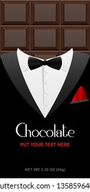 Creative chocolate bar packaging. Elegant product branding template with label pattern for packaging. Editable vector packaging template with black tuxedo and bow tie.