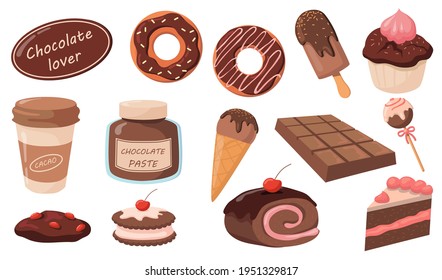 Colección de fotos plana con postres creativos de chocolate. Caricaturas de dulces de chocolate, pasta, rollos, torta, donuts y helados aislados ilustraciones vectoriales aisladas. Concepto de alimentación y placer