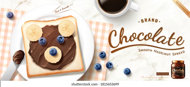 Creative chocolate spread ad in 3d illustration, healthy breakfast with bear shaped chocolate toast and fresh fruit