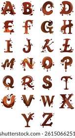 Creative chocolate-inspired alphabet font featuring gooey drips and playful splatter details. Ideal for bakery branding, sweet-themed posters, and kids’ projects.