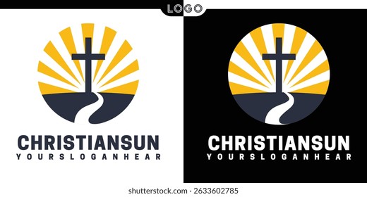 Criativo ChristianSun Logo Design com Cruz, Nascer do Sol e Fé Caminho Conceito